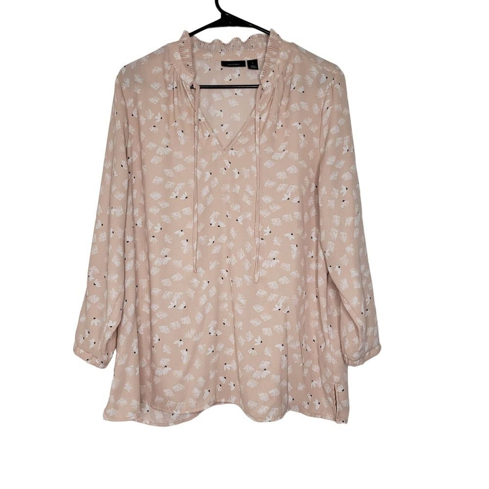 Halogen Blush Pink White Floral Long Sleeve V-Neckline Tie Closure Blouse Large